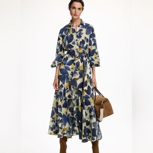 NWOT Carolina Herrera Blue Leaf Print Crepe De Chine Shirt Dress